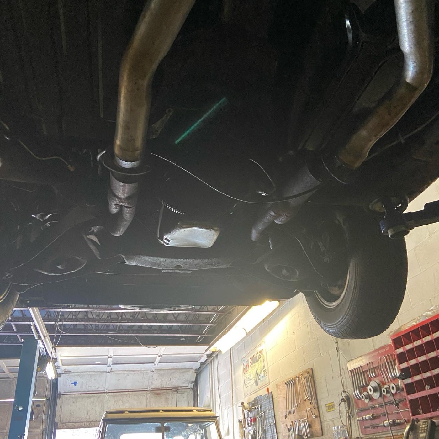 Underside of the Grand Prix on a lift