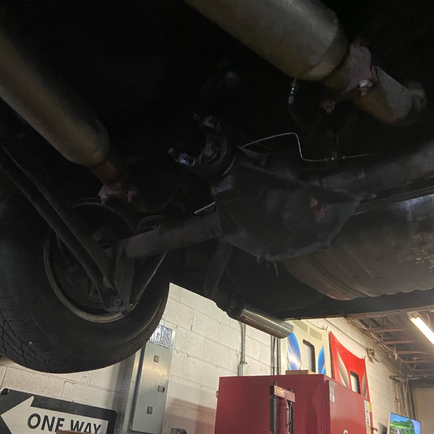 Underside of the Grand Prix showing the exhaust and rear axle